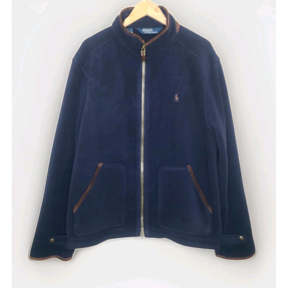 Polo Ralph Lauren Blue Fleece Full Zip Jacket with Brown Suede Leather‎ Trim 2XL
